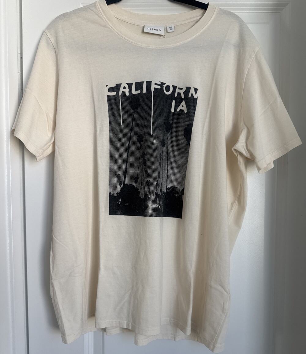 Clare V Thierry Palm California Imperfect Women Graphic T Shirt Cream Rare L NWT